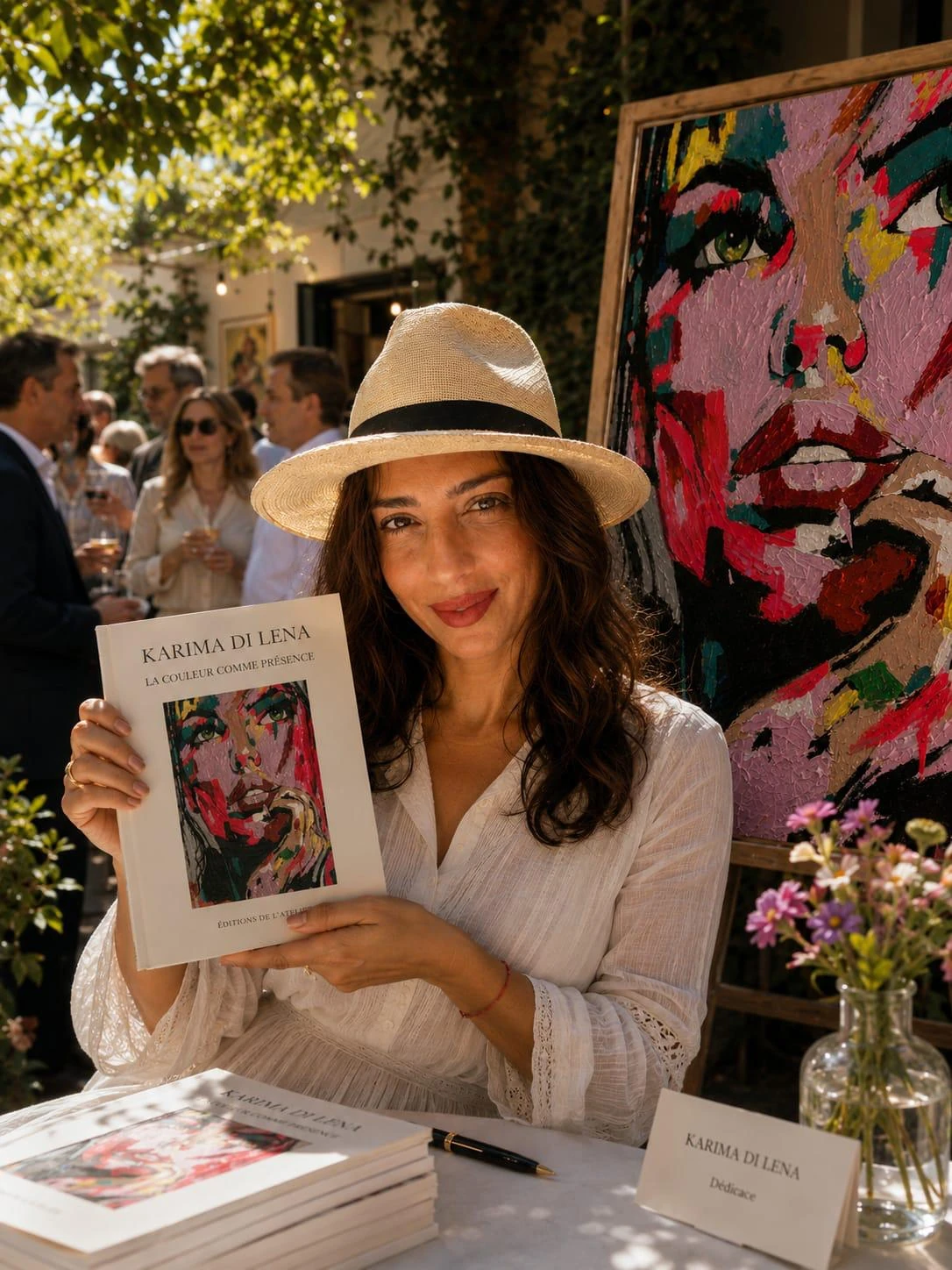 Karima Di Lena lors d'une dédicace, devant l'une de ses toiles